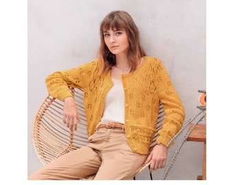 Woman cardigan knitting pattern PDF instant download - Phildar 168-27 Francine cardigan - Sizes XS to XL in Organic Cotton