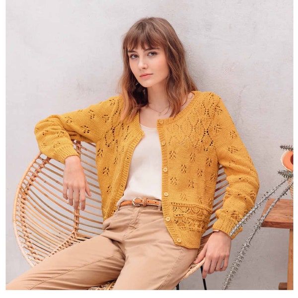 Woman cardigan knitting pattern PDF instant download - Phildar 168-27 Francine cardigan - Sizes XS to XL in Organic Cotton