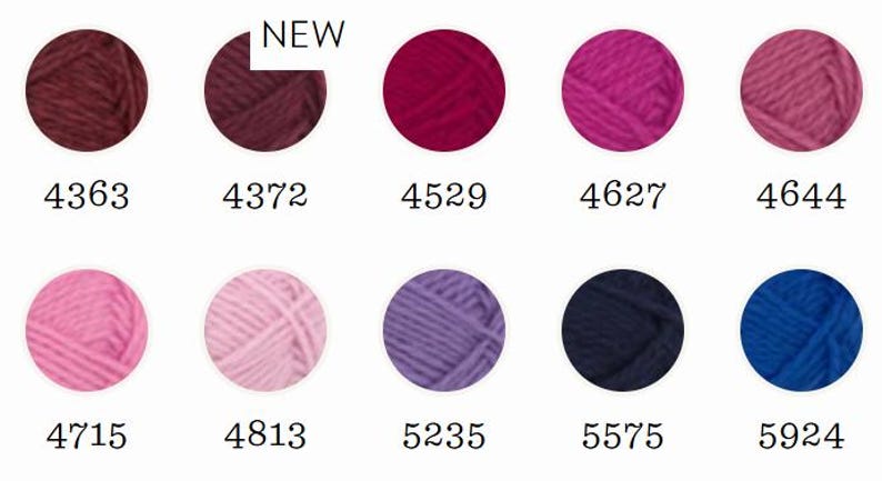 May include: A color chart featuring ten circular yarn samples in shades of burgundy, magenta, pink, purple, navy, and blue. Each sample is labeled with a numerical code: 4363, 4372, 4529, 4627, 4644, 4715, 4813, 5235, 5575, and 5924. The 4372 sample includes the text NEW.