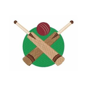 May include: Two crossed wooden cricket bats with a red cricket ball in the centre on a green circle.
