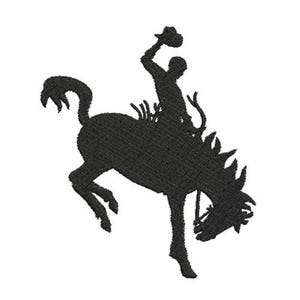 May include: Black embroidered silhouette of a bucking bronco with a cowboy. The cowboy is holding his hat up in the air. The horse is rearing up, with its head down. The design is on a white background.
