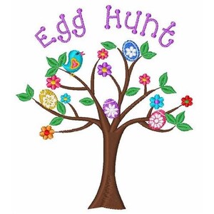 Egg Hunt - Machine Embroidery Design, Decorated Easter Eggs Tree Embroidery Pattern, Flowering Tree Embroidery, Spring Bird Embroidery