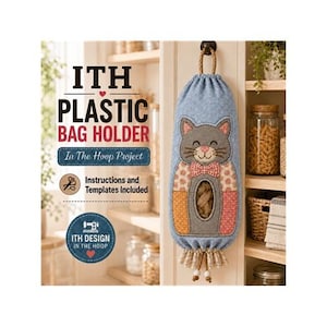 May include: A blue fabric plastic bag holder featuring an embroidered cat face with a red and white checkered bowtie. The design includes a central oval opening, patterned side panels, and a hanging loop. Text reads ITH PLASTIC BAG HOLDER.