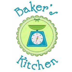 May include: A green and blue kitchen scale with a white face and black hands in a green and white circle with a green bow on top. The text "Baker's" is above the circle and "Kitchen" is below the circle.