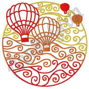 Hot Air Balloon Collage - Machine Embroidery Design. Hot Air Balloons Embroidery Design. Swirls Circle Embroidery. Summer Flight Adventure