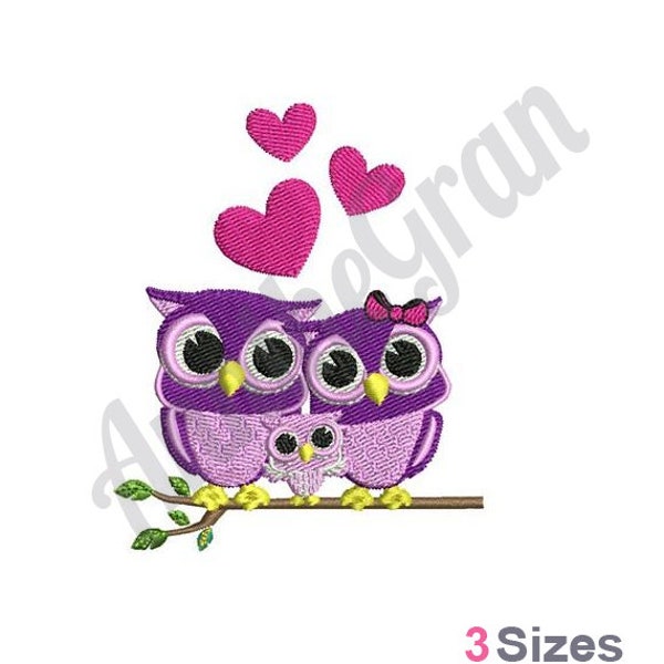 Owl Family - Machine Embroidery Design - 3 Sizes, Owls On Tree Branch Embroidery Pattern, I Love My Family Embroidery, Baby Owl Design