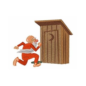 Może przedstawiać: Kreskówkowa ilustracja mężczyzny biegnącego w kierunku szaletu z półksiężycem na drzwiach.