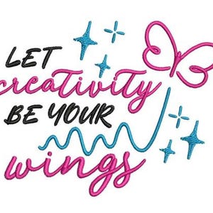 Puede incluir: Fondo blanco con la frase "LET creativity BE YOUR wings" en negro, rosa y turquesa. Una mariposa rosa y estrellas turquesas adornan el texto. Ideal para proyectos de manualidades o decoración inspiradora.