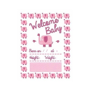 Bem-vinda, menina - Design de bordado à máquina, Padrão de bordado de cartão de boas-vindas para bebê, Bordado de elefante rosa para bebê, Anúncio de nascimento