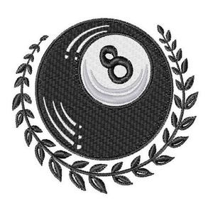 Puede incluir: Diseño bordado en blanco y negro de una bola de billar con el número ocho en ella, rodeado de una corona de hojas.