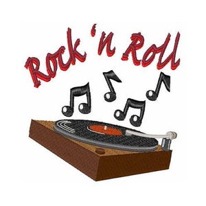 May include: A brown record player with a black vinyl record on the turntable. The record player has a needle and a tone arm. The words "Rock 'n' Roll" are written in red above the record player. There are musical notes in black above the record player.