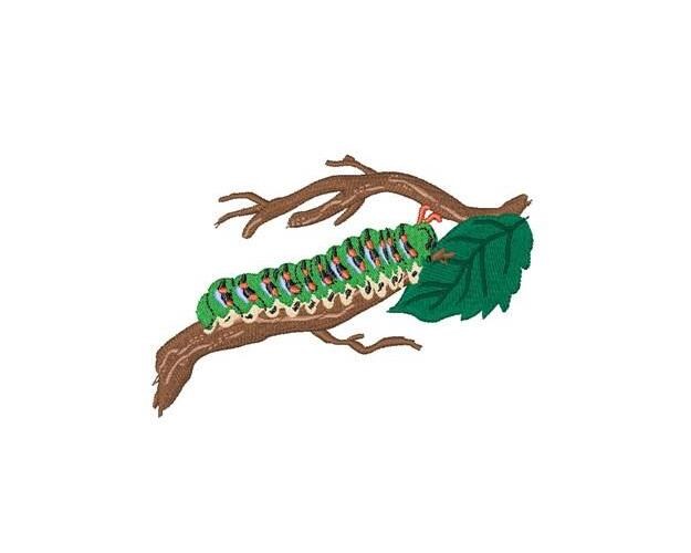 Caterpillar On Tree Branch - Machine Embroidery Design, Green Caterpillar Embroidery Pattern, Tree Leaf Embroidery Design