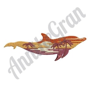 May include: An embroidered design of a dolphin with a sunset and palm trees inside its silhouette. The dolphin is a reddish-brown colour, the sunset is orange and yellow, and the palm trees are green.