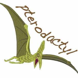 May include: Embroidered design of a green Pterodactyl with outstretched wings and the word "Pterodactyl" in brown script. The dinosaur has a long neck, open mouth, and is set against a white background.