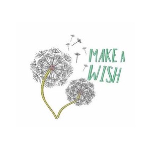 Peut inclure: Illustration de deux pissenlits avec des têtes de graines duveteuses et des tiges vertes. Le texte "MAKE A WISH" est écrit en vert à côté des pissenlits. Le fond est blanc.