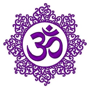 May include: Purple Om symbol with a decorative mandala design. The Om symbol is in a circle with a white background.