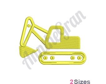 Puede incluir: Diseño bordado amarillo de una excavadora de dibujos animados con una cuchara y orugas.