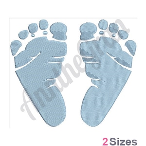 May include: Two blue baby footprints, one on the left and one on the right, on a white background. The footprints are outlined in white and have a textured appearance.