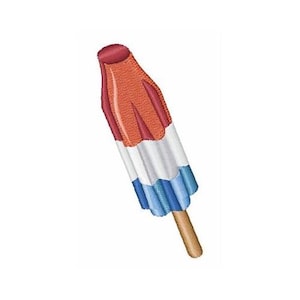 May include: Embroidered design of a red, white, and blue popsicle on a wooden stick. The popsicle has a patriotic color scheme, with red at the top, white in the middle, and blue at the bottom. The design is likely for a patch or applique.