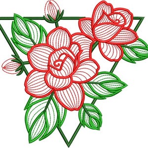 May include: An embroidered floral design featuring red roses, green leaves, and buds, set within a green triangle. The roses have detailed linear stitching, and the leaves have white accents. The design is suitable for embroidery projects.