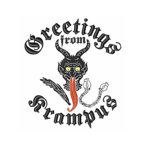 May include: Greetings from Krampus, a black and red illustration of a devilish figure with horns, a long tongue, and chains.
