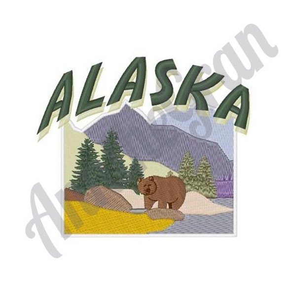 Alaska Scene - Machine Embroidery Design, Pine Trees & Mountains Embroidery Design, Brown Bear Embroidery Design, Outdoors Embroidery Design