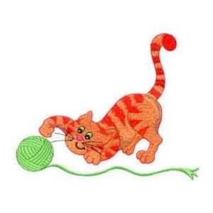 毛糸玉で遊ぶ猫の刺繍デザイン、ミシン用、7 サイズ、マルチ