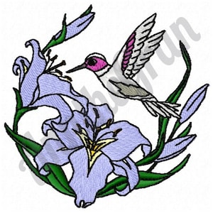Lily & Hummingbird Embroidery Design. Machine Embroidery Design. Hummingbird Embroidery Pattern. Lily Flower Embroidery Pattern. Bird Design