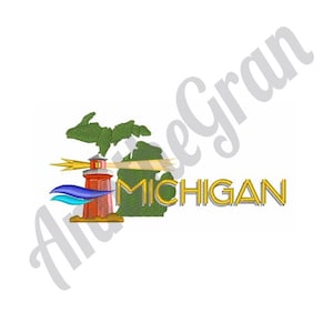 Michigan - Machine Embroidery Design. State of Michigan Embroidery Pattern. MI State Map Embroidery Design. Michigan Lighthouse Design