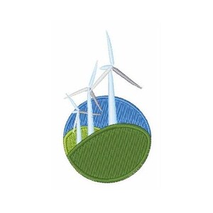 Puede incluir: Parche bordado con tres aerogeneradores sobre un cielo azul y un paisaje verde. El diseño está encerrado en un borde circular, representando la energía renovable.