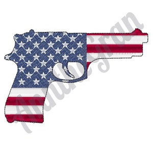 May include: A silhouette of a handgun in the shape of the American flag. The gun is blue, white, and red.