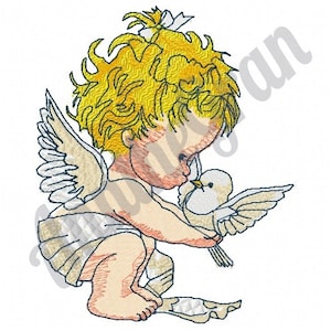 May include: A small angel with blonde hair and white wings is holding a white dove with its wings spread. The angel is wearing a white diaper and has a yellow bow in its hair.