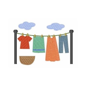 May include: An illustration of a clothesline with five items of clothing hanging on it. The clothes are a red t-shirt, a green towel, an orange dress, blue pants, and a brown basket.
