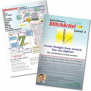 Op de afbeelding: Twee brochures voor de software StitchArtist Level 1. De voorkant toont een naald en draad, met de tekst "Create Designs from scratch. You can digitize!". De achterkant toont functies zoals lijn, run, fill en applicatie.