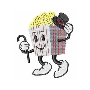 May include: A cartoon popcorn bucket wearing a top hat and holding a cane. The bucket has a smiling face and red and white stripes.