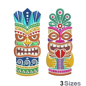 Peut inclure: Deux motifs de masque tiki colorés avec des motifs géométriques et des visages souriants. Les masques sont de style traditionnel avec une variété de couleurs, notamment le vert, le bleu, le jaune, l'orange, le rouge et le rose.