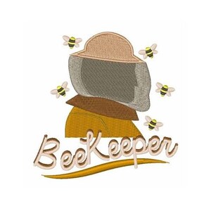 May include: An embroidered design of a beekeeper wearing a brown and beige beekeeper suit and hat with a mesh veil. The design includes the word "Beekeeper" in a stylized font with a yellow and orange colour scheme. There are five small bees surrounding the beekeeper.