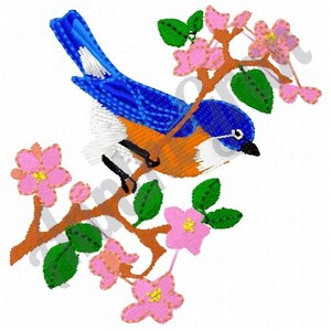 Machine Embroidery Design Bluebird & Blossom, Purple Flowers, Bluebird