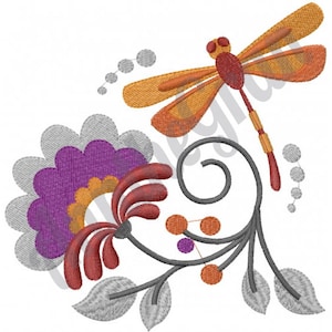 Jacobean Dragonfly Floral Decor Embroidery Design. Machine Embroidery Design. Jacobean Flower Pattern. Floral Decoration  Embroidery Pattern
