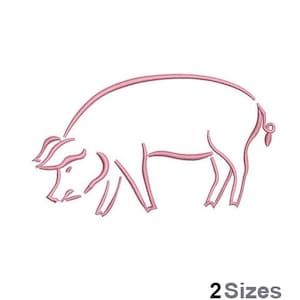 May include: A pink outline of a pig, facing left, with its tail curled up. The pig is standing on all four legs.