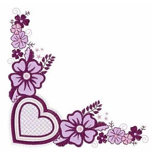 Puede incluir: Un diseño de esquina con un corazón morado con un patrón floral blanco y morado. El diseño es perfecto para proyectos de bordado.