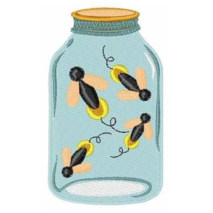 May include: A light blue jar with a gold lid, containing four stylized fireflies. The fireflies have black bodies, yellow lights, and peach-colored wings. The jar is a whimsical illustration.