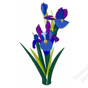 Peut inclure: Motif brodé d'une fleur d'iris aux tons bleus et violets, avec des feuilles vertes et jaunes. La fleur présente des coutures détaillées, et le motif est posé sur un fond blanc. L'image est étiquetée "Embroidery Patterns".