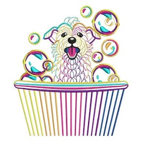 May include: A colorful embroidered design of a dog in a bathtub with bubbles. The dog has its tongue out and is surrounded by bubbles. The bathtub and bubbles have a rainbow color scheme, with a white background.