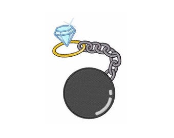 Wedding Ring With Iron Ball & Chain - Machine Embroidery Design, Diamond Ring Embroidery Pattern, Marriage Embroidery Design