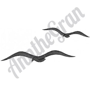 May include: Two black seagulls flying in formation against a white background.