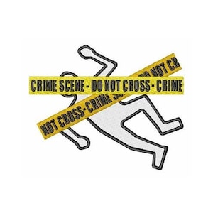 Op de afbeelding: Een witte omtrek van een persoon die op de grond ligt met gele crime scene tape over het lichaam. De tape luidt "Crime Scene - Do Not Cross - Crime Scene - Do Not Cross - Crime Scene".