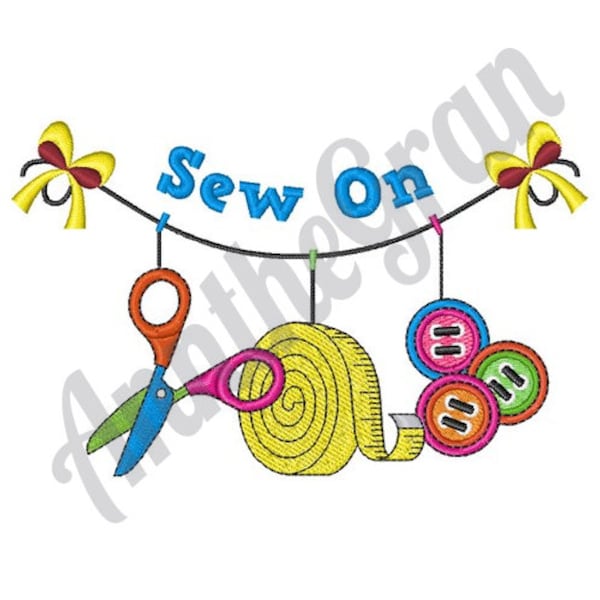 Sew On Clothesline Pattern. Machine Embroidery Design. Sewing Embroidery Design. Sewing Tools Design. Scissors Measuring Tape Button Design