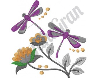 Dragonflies on Flowers Embroidery Design. Machine Embroidery Design. Jacobean Dragonfly & Flowers Embroidery Pattern. Jacobean Dragonfly