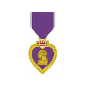 May include: Purple ribbon with a gold heart-shaped medal. The medal features a profile of George Washington and the American flag.